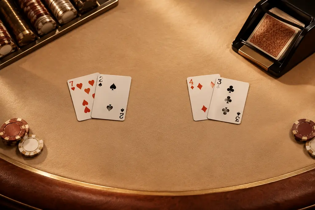 Dua kelompok kartu baccarat dengan nilai tujuh dua dan empat tiga