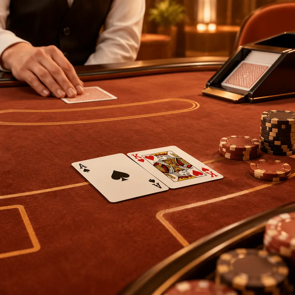 Kartu As dan King di meja blackjack dengan sepatu kartu