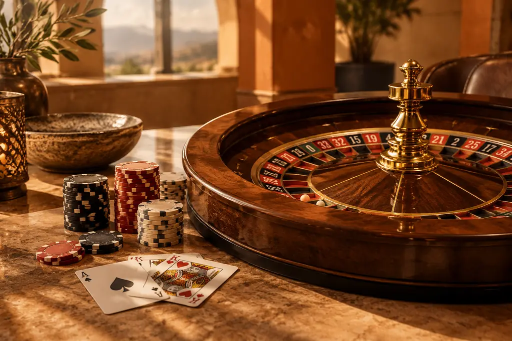 Roda roulette, kartu, dan cip pada meja kasino berwarna hangat