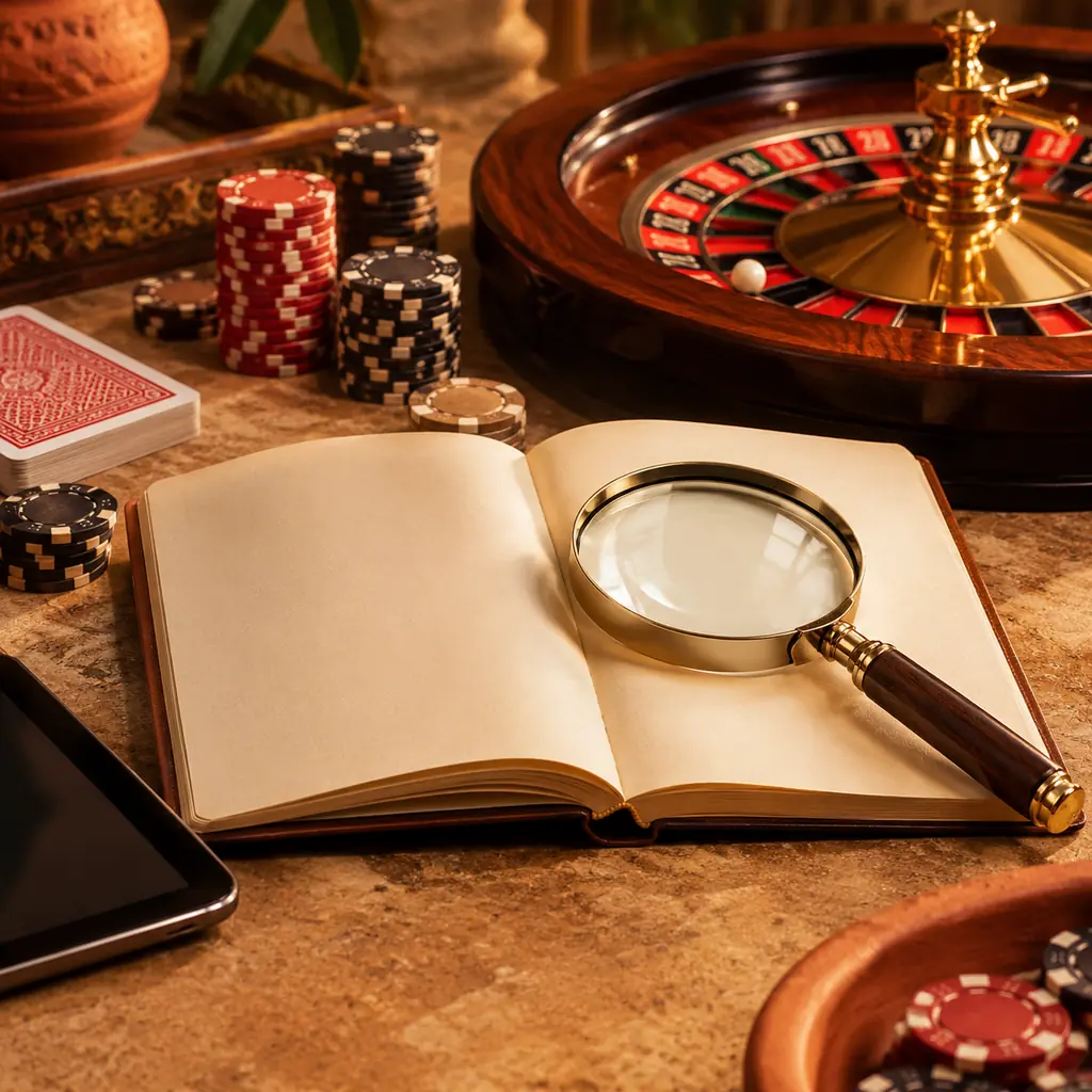 Kaca pembesar dan buku aturan di dekat roda roulette serta cip