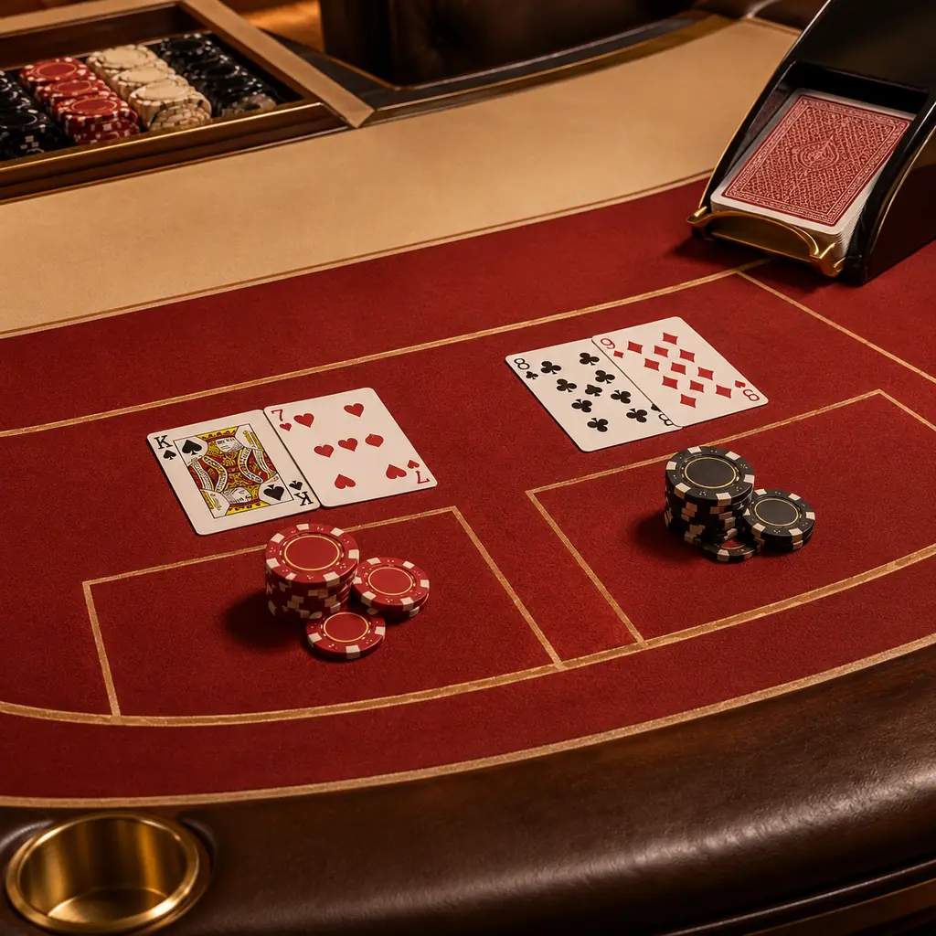 Meja baccarat dengan sepatu kartu dan dua kelompok kartu