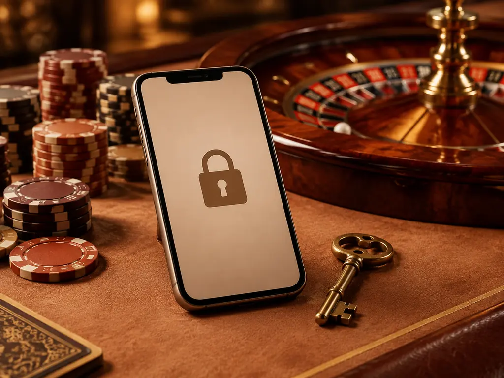 Ponsel dengan simbol gembok di dekat roda roulette dan cip