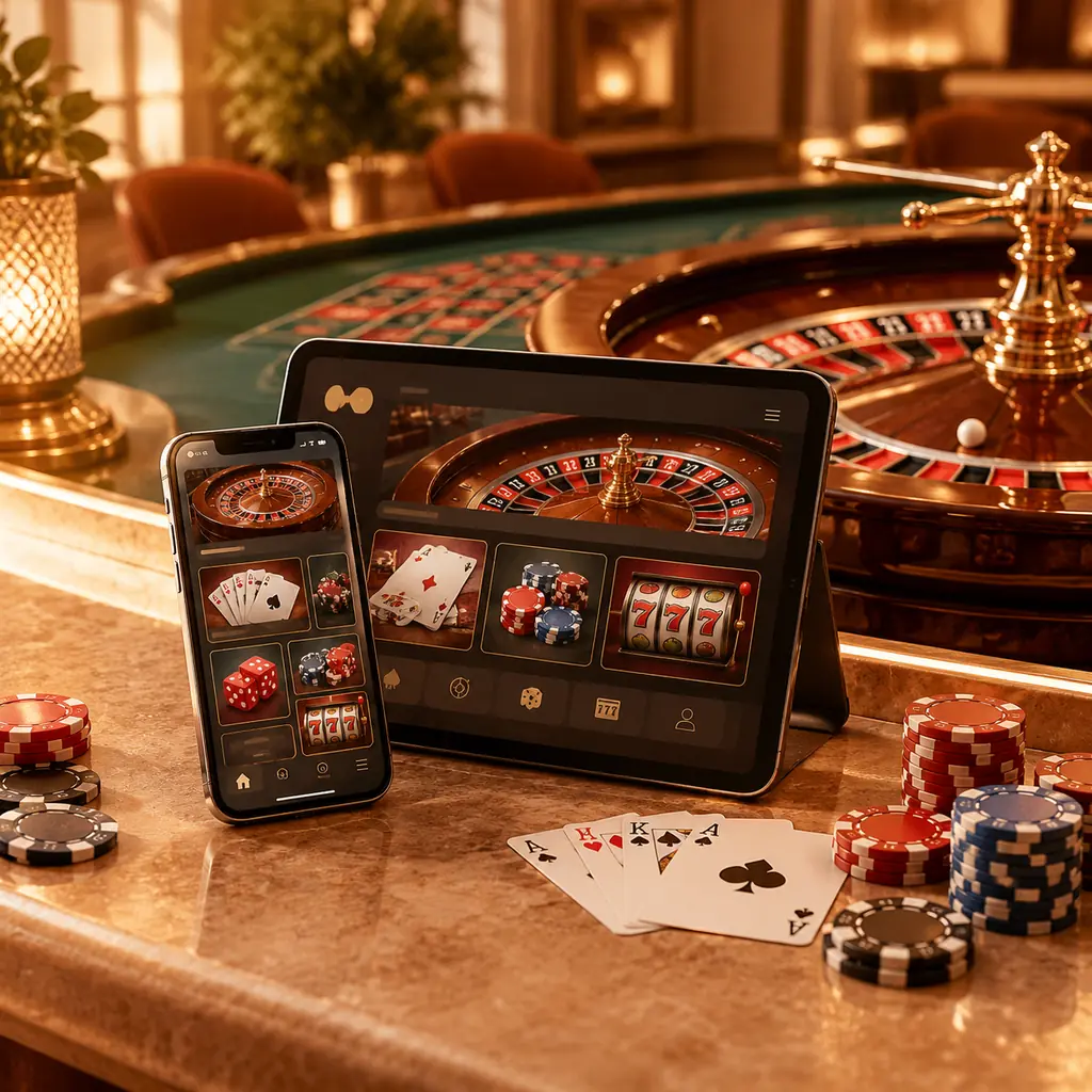 Ponsel dan tablet di dekat meja roulette dengan kartu dan cip