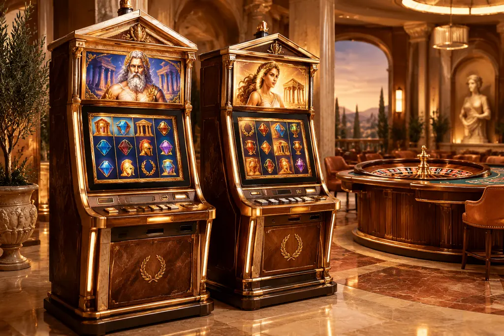 Kabinet slot bertema Yunani dengan dekorasi batu dan kuningan