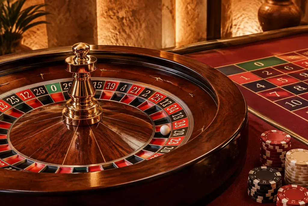 Roda roulette kayu dengan bola dan bidang angka merah hitam