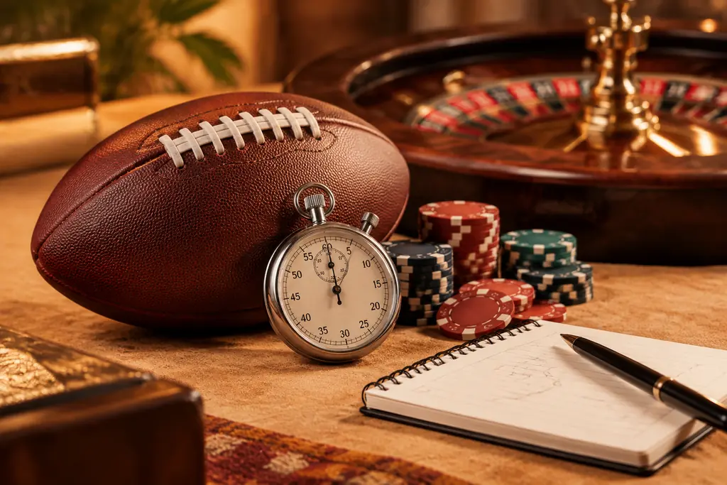 Bola sepak dan stopwatch di meja dengan cip kasino