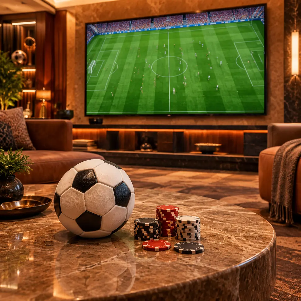 Ruang sportsbook dengan layar lapangan sepak bola dan cip kasino